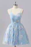 Blue Floral A Line Sequin Mini Graduation Dress