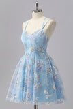 Blue Floral A Line Sequin Mini Graduation Dress