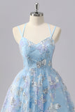 Blue Floral A Line Sequin Mini Graduation Dress