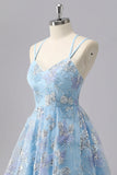 Blue Floral A Line Sequin Mini Graduation Dress