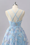 Blue Floral A Line Sequin Mini Graduation Dress