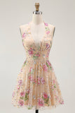 Sparkly Halter Floral Champagne A Line Halter Sequins Graduation Dress
