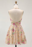 Sparkly Halter Floral Champagne A Line Halter Sequins Graduation Dress