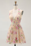 Sparkly Halter Floral Champagne A Line Halter Sequins Graduation Dress