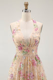 Sparkly Halter Floral Champagne A Line Halter Sequins Graduation Dress