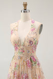 Sparkly Halter Floral Champagne A Line Halter Sequins Graduation Dress