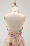 Sparkly Halter Floral Champagne A Line Halter Sequins Graduation Dress