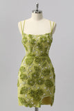 Green Bodycon Beaded Mini Graduation Dress with 3D Flowers