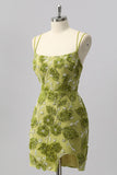 Green Bodycon Beaded Mini Graduation Dress with 3D Flowers