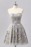 Grey A Line Strapless Floral Mini Graduation Dress with Embroidery