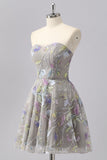 Grey A Line Strapless Floral Mini Graduation Dress with Embroidery