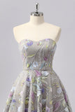 Grey A Line Strapless Floral Mini Graduation Dress with Embroidery