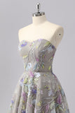 Grey A Line Strapless Floral Mini Graduation Dress with Embroidery