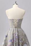 Grey A Line Strapless Floral Mini Graduation Dress with Embroidery