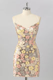 Yellow Floral Sequin Bodycon Mini Graduation Dress