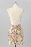 Yellow Floral Sequin Bodycon Mini Graduation Dress