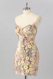 Yellow Floral Sequin Bodycon Mini Graduation Dress