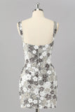 Sparkly Silver Floral Sequin Bodycon Mini Graduation Dress with Slit
