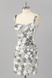 Sparkly Silver Floral Sequin Bodycon Mini Graduation Dress with Slit
