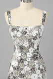 Sparkly Silver Floral Sequin Bodycon Mini Graduation Dress with Slit