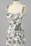Sparkly Silver Floral Sequin Bodycon Mini Graduation Dress with Slit