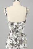 Sparkly Silver Floral Sequin Bodycon Mini Graduation Dress with Slit