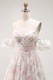 Cold Shoulder Blush Flower Printed A Line Long Prom Dress