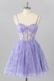 Purple A Line Spaghetti Straps Corset Sequin Graduation Dress