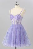 Purple A Line Spaghetti Straps Corset Sequin Graduation Dress