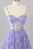 Purple A Line Spaghetti Straps Corset Sequin Graduation Dress