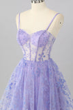 Purple A Line Spaghetti Straps Corset Sequin Graduation Dress