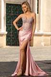 Blush Mermaid Strapless Corset Satin Long Prom Dress with Rhinestones