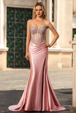 Blush Mermaid Strapless Corset Satin Long Prom Dress with Rhinestones
