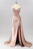 Blush Mermaid Spaghetti Straps Beaded Prom Dress with Side Streamer
