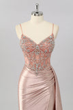 Blush Mermaid Spaghetti Straps Beaded Prom Dress with Side Streamer