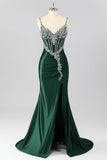 Dark Green Mermaid Corset Long Prom Dress with Rhinestones