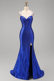 Royal Blue Beaded Mermaid Corset Spaghetti Straps Long Prom Dress with Slit