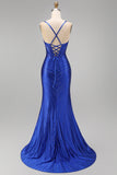 Royal Blue Beaded Mermaid Corset Spaghetti Straps Long Prom Dress with Slit