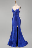 Royal Blue Beaded Mermaid Corset Spaghetti Straps Long Prom Dress with Slit