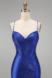 Royal Blue Beaded Mermaid Corset Spaghetti Straps Long Prom Dress with Slit