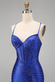 Royal Blue Beaded Mermaid Corset Spaghetti Straps Long Prom Dress with Slit