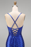 Royal Blue Beaded Mermaid Corset Spaghetti Straps Long Prom Dress with Slit