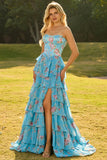 Strapless A-Line Dark Blue Basque Waist Corset Long Floral Prom Dress with Ruffles