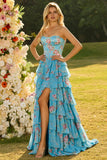 Strapless A-Line Dark Blue Basque Waist Corset Long Floral Prom Dress with Ruffles