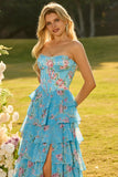 Blue Strapless A Line Corset Tiered Ruffle Long Floral Prom Dress with Slit