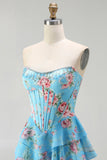 Pink Strapless A-line Corset Bodice Floral Prom Dress with Chiffon Ruffle Skirt