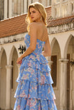 Strapless A-Line Dark Blue Basque Waist Corset Long Floral Prom Dress with Ruffles