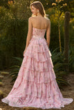 Strapless Pink A Line Tiered Ruffle Floral Corset Long Prom Dress with Slit