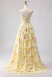Yellow Strapless A-line Corset Bodice Floral Long Prom Dress with Chiffon Ruffle Skirt
