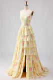 Yellow Strapless A-line Corset Bodice Floral Long Prom Dress with Chiffon Ruffle Skirt